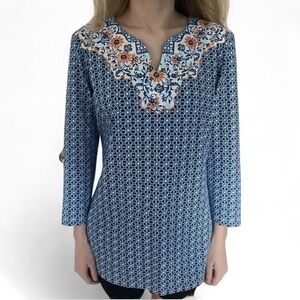 J. McLaughlin Catalina Cloth Tunic top Size XS. 3/4 sleeves. Blue/orange/white